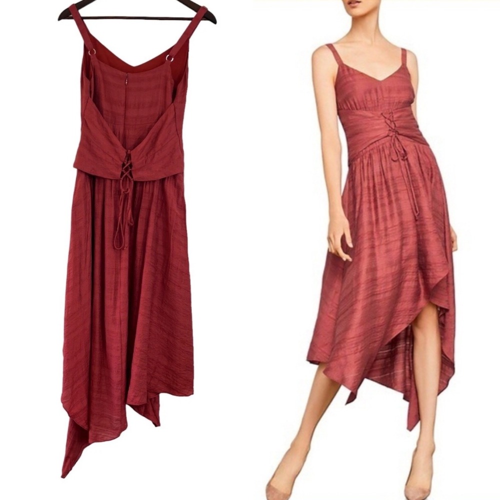 BCBGMAXAZRIA Asymmetrical Dress Lace-Up‎ Back Sleeveless Red Size Small Summer